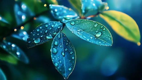 Close-up of vibrant wet leaves in soft blue bokeh light.