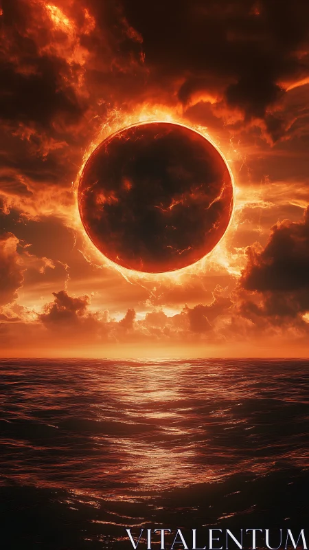 Solar eclipse ignites crimson seascape under storm-laden sky.