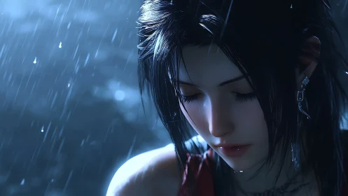 Digital portrait shows pensive woman in rain at night