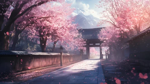 Serene cherry blossom avenue leads to distant temple gate