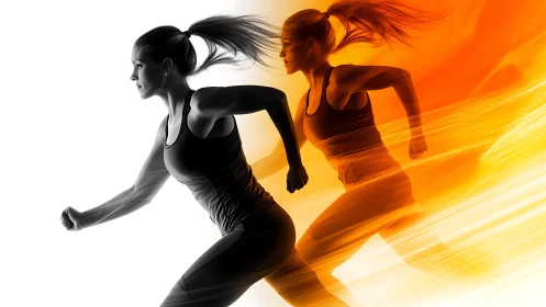 Dynamic female runner sprints through fiery motion blur energy