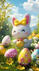 Cartoon rabbit holding decorated egg in sunny spring field