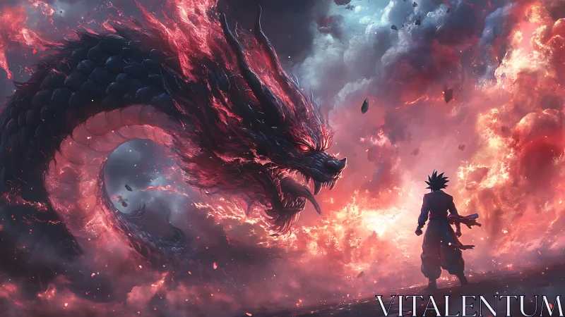 Fiery dragon coils around lone warrior amid burning clouds
