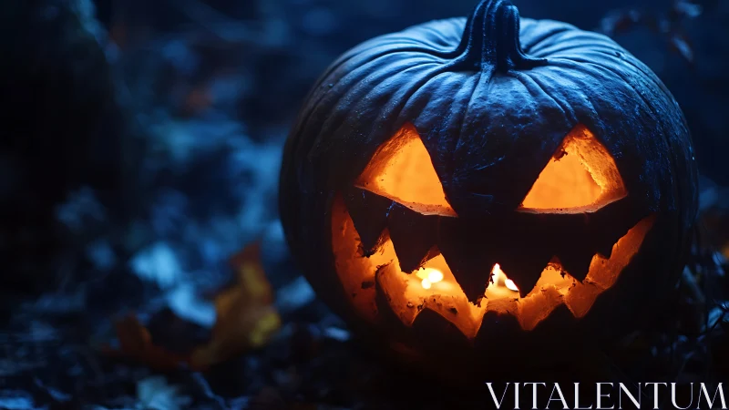 Glowing jack-o’-lantern grins in eerie blue moonlight.