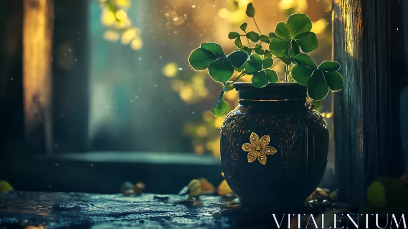 Cloverlight alchemy in a gilded pot of dusk and dew.