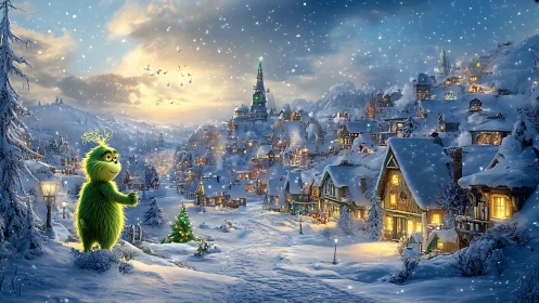 Digital painting of whimsical creature in snowy festive village.