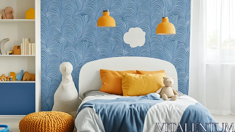 Kids bedroom with blue wallpaper and yellow accents.