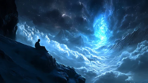 Solitary silhouette above cosmic cloud sea under starlit sky