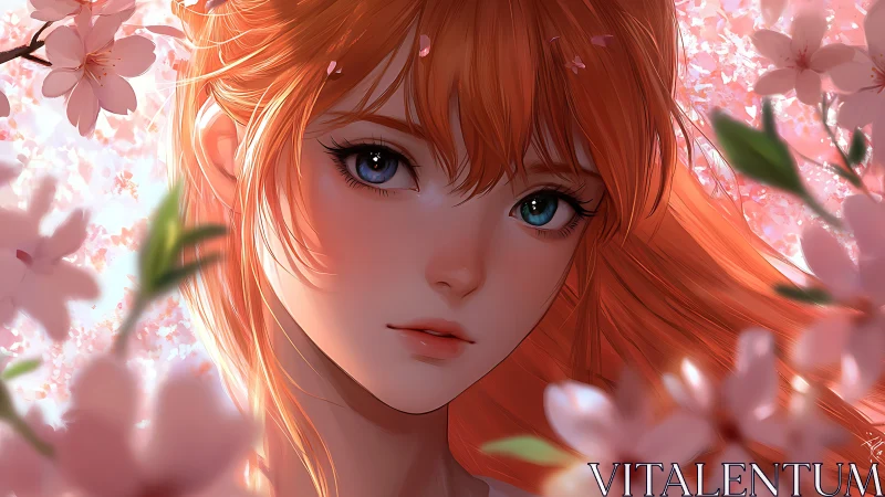 Digital portrait shows red-haired girl amid cherry blossoms