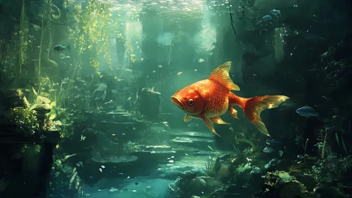 Golden wanderer drifts through a forest of drowned light