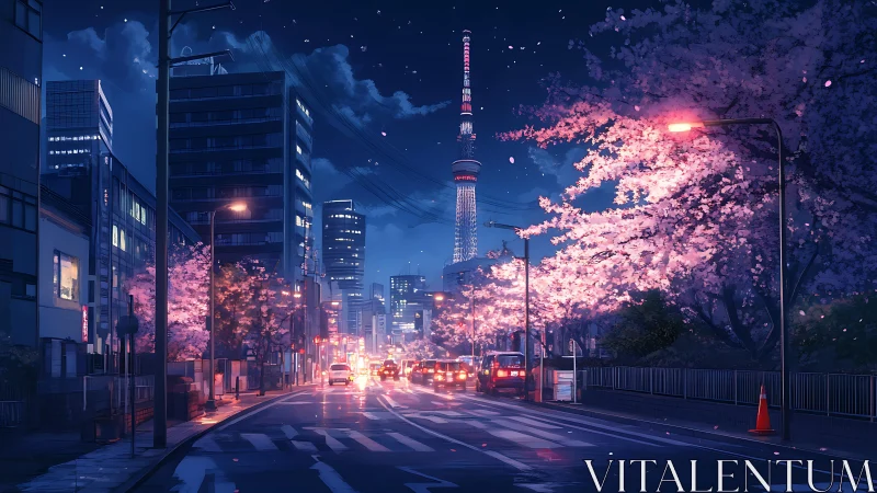 Tokyo spring boulevard under neon-lit twilight sky.