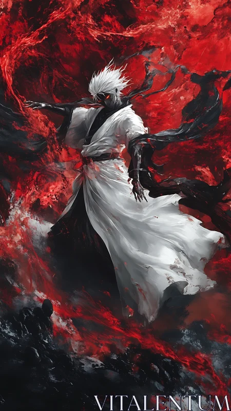 White robed dark warrior stands amid swirling red energy