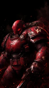 Digital painting of red battle mech in gritty combat lighting.