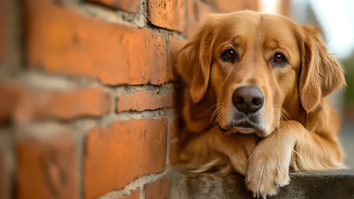 Gentle golden retriever resting quietly by a warm brick wall.