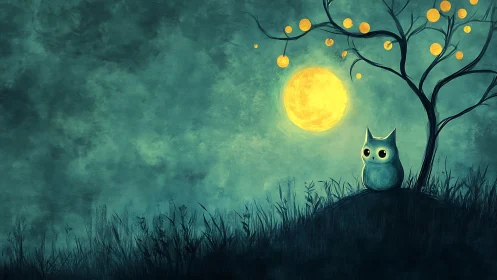 Small stylized owl sits under a glowing yellow moon at night