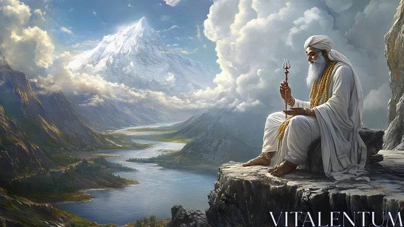 Elder mystic meditates on cliff ledge facing glaciated Himalayan peak