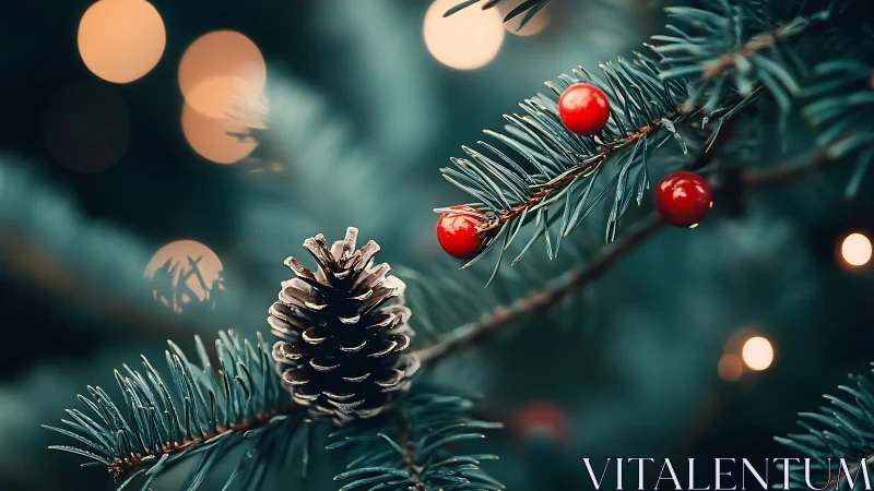 Evergreen needles cradle scarlet berries and a frosted cone