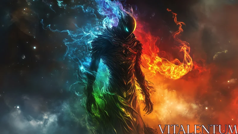 Elemental humanoid entity channels multicolor plasma in nebular void