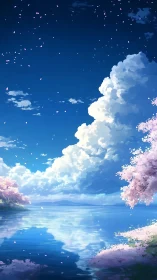 Cloud-drifting sakura shore under deep cobalt heavens.