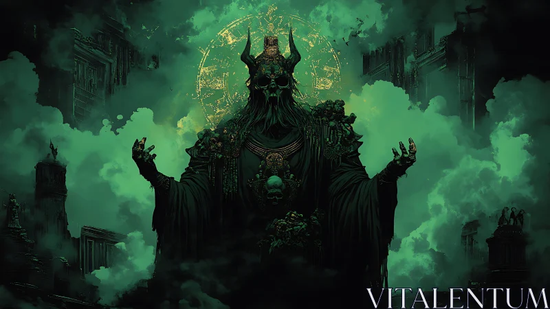 Dark sovereign in occult emerald mist, centered frontal composition.