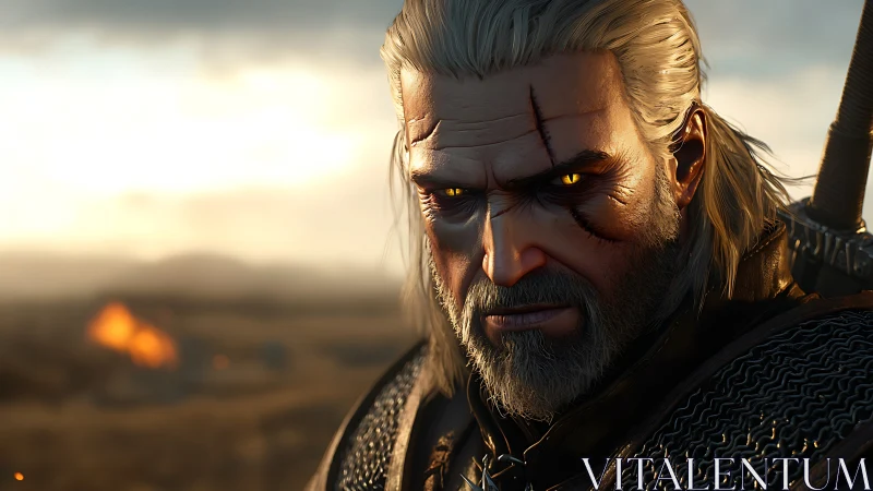 Scarred monster hunter studies the horizon with molten eyes