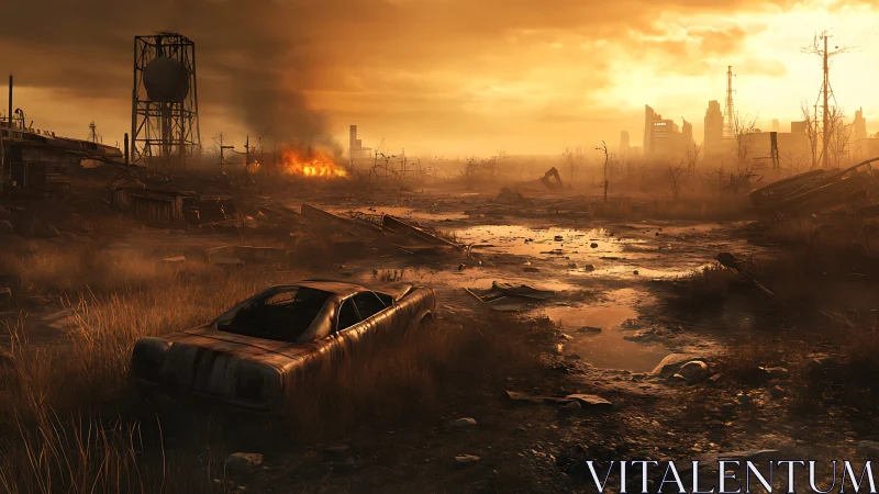 Post apocalyptic city ruins under burning orange sky.