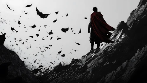 Lone caped warrior on cliff amid swirling dark ravens.