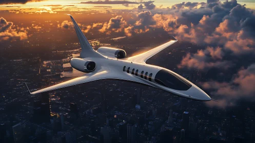Futuristic private jet slices through glowing sunset clouds