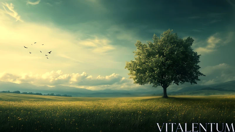 Quiet sunrise meadow with a solitary tree and soft skies.