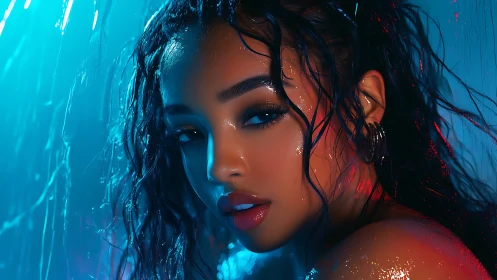 Wet neon portrait captures sultry gaze in electric light