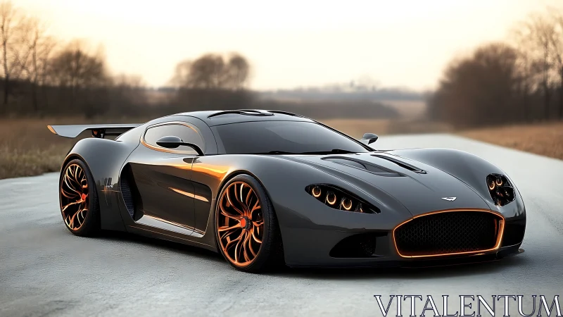 High-performance black sports car on empty rural road.