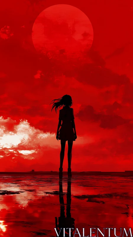 Silhouetted girl confronts a crimson sky and looming red moon