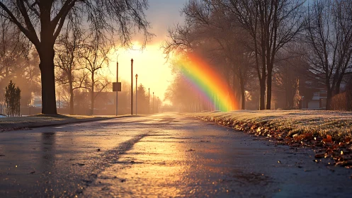 Rainbow crossing frosty suburban street at sunrise.