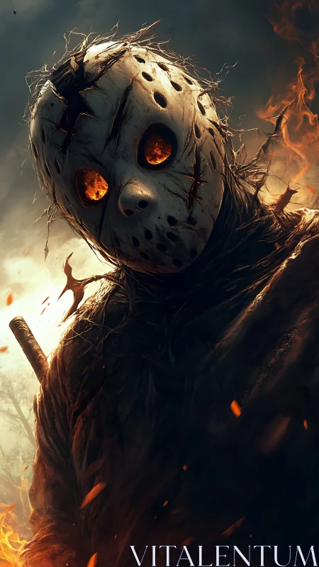 Haunted mask watcher wrapped in sparks and burning dusk.