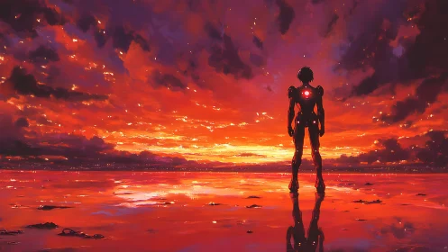 Solitary mech sentinel bathing in molten sunset skyfire glow.