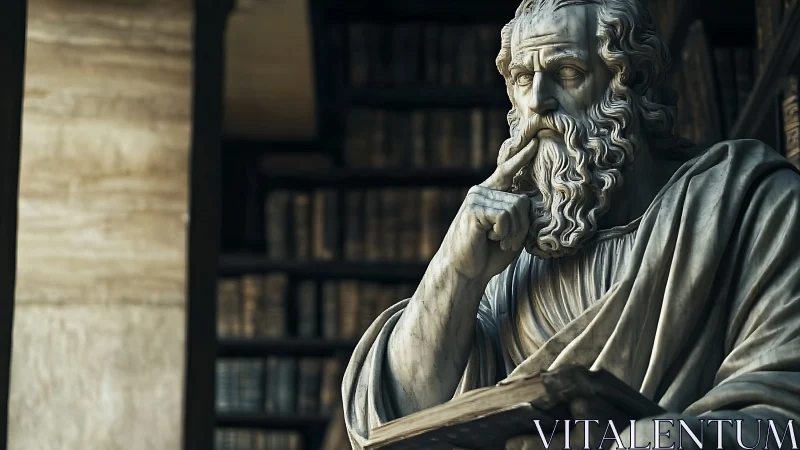 Marble philosopher statue in quiet library interior.
