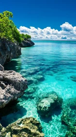 Rocky tropical shoreline with clear turquoise sea water.