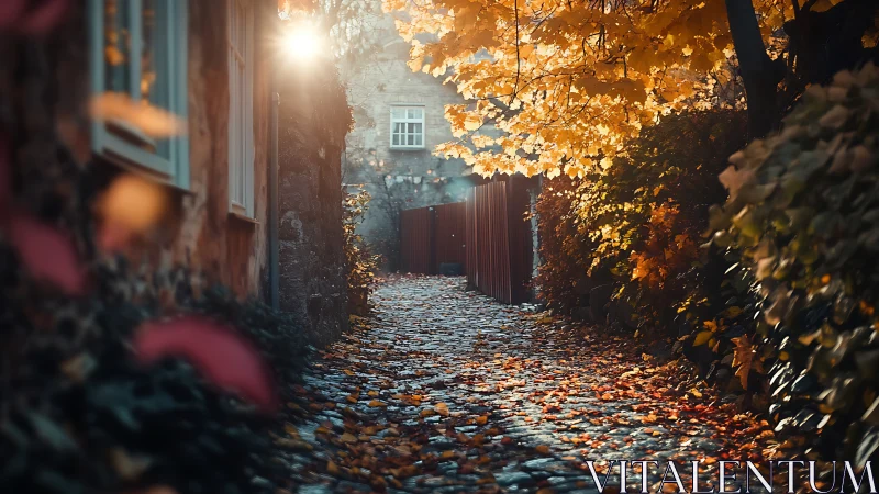 Backlit cobblestone alley captures shallow depth and warm bokeh glow