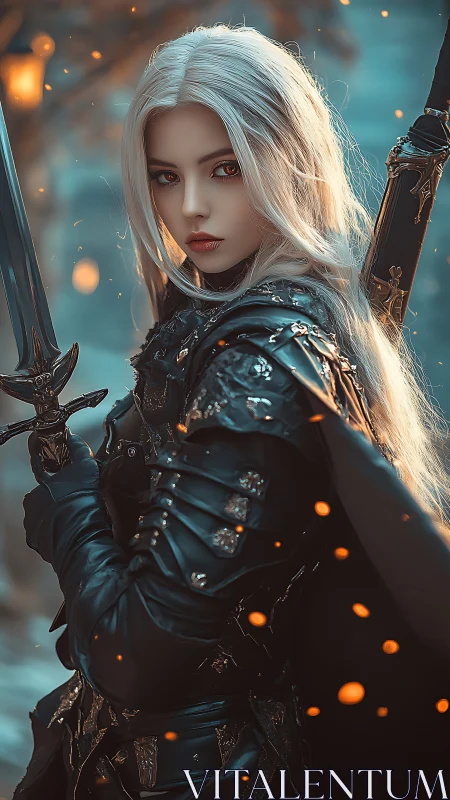 Silver haired warrior in black armor holding twin swords.