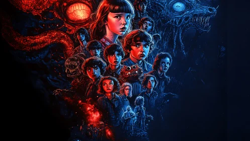 Brave young friends facing eerie monsters in neon light.