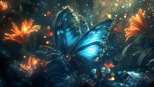 Blue butterfly among glowing orange flowers at night.