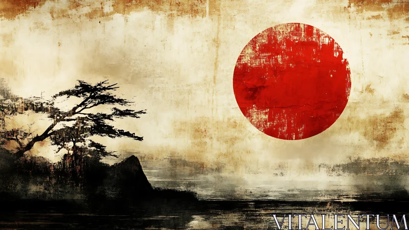 Textured Japan flag sun over ink-washed coastal landscape.