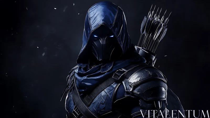 Hooded armored archer with glowing eyes in dark setting.