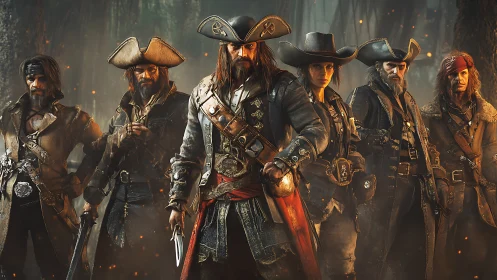 Battle-ready pirate crew stands united in smoky forest dusk.