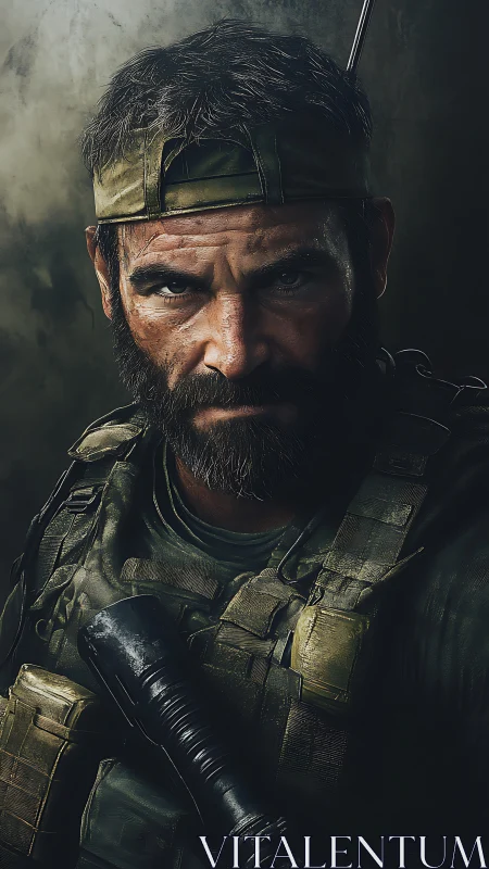 Battle-hardened special forces soldier in tactical gear portrait.