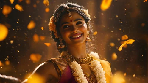 Golden-petal joy crowns a radiant bride in festive light.