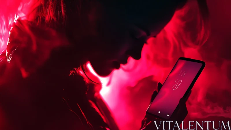 Red backlit silhouette with smartphone in vaporous haze.