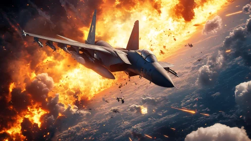 Fighter jet flies through large midair explosion over clouds