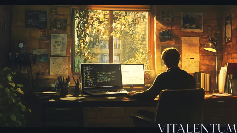 Golden hour coder in a cozy sunlit workspace retreat.