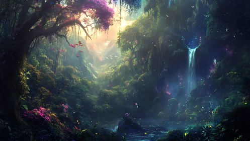 Enchanted Forest Canyon with Magical Waterfall.